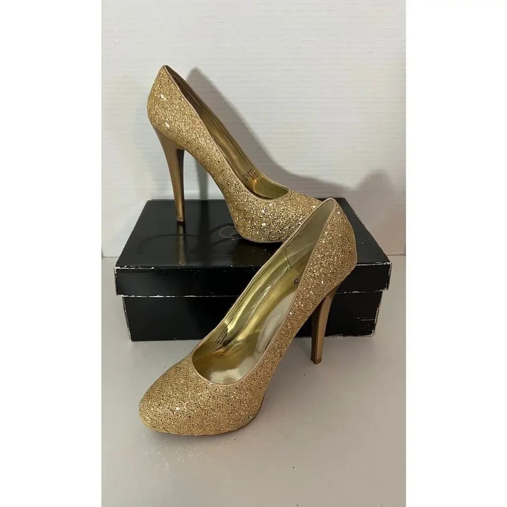 Carlos by Carlos Santana Love Gold Glitter Pumps Heels Size 8.5M Preowned in Box